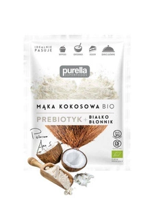 Mąka kokosowa bio wegańska bezglutenowa z prebiotykiem białko błonnik do deserów ciast owsianki na śniadanie purella 150g