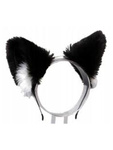 Opaska kocie uszy futrzane czarne z białymi środkami miękkie strój bal karnawałowy cosplay
