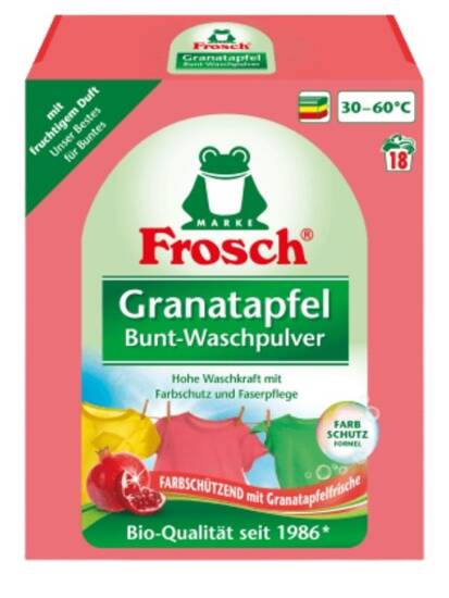 Frosch proszek do prania kolorowych tkanin ubrań temperatura 30-60 st o zapachu granat formuła ochronna kolory niemiecki 22 prania 1,45kg